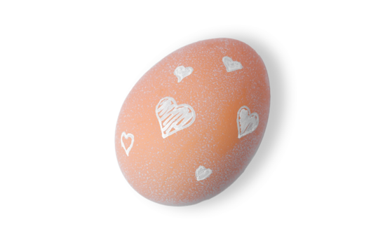 One Easter egg is a natural beige color with a minimalistic white pattern in the form of hearts isolated on a transparent background.