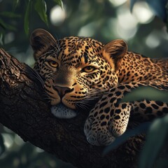 Obraz premium Majestic leopard resting on a tree branch in lush forest.