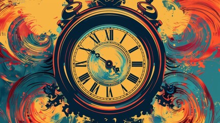 Fototapeta premium A vibrant artistic representation of a clock surrounded by swirling colors, symbolizing time's fluidity.