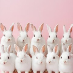 Fototapeta premium Adorable Row of Fluffy White Rabbits on Pink Background