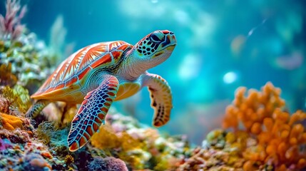 Fototapeta premium Colorful sea turtle swims coral reef