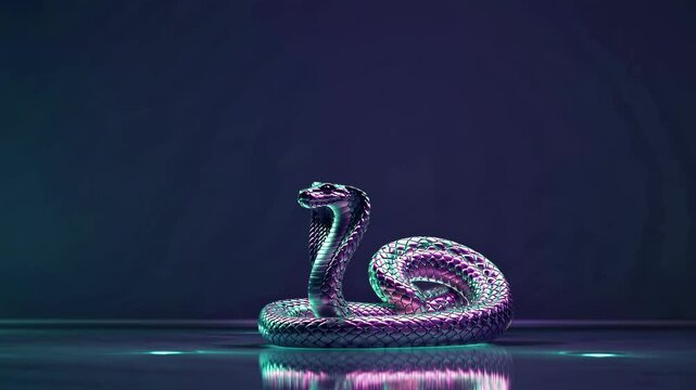 Iridescent cobra statue gleaming with luminescent colors, casting mesmerizing shadows on polished reflective surface, creating ethereal interplay of light and texture