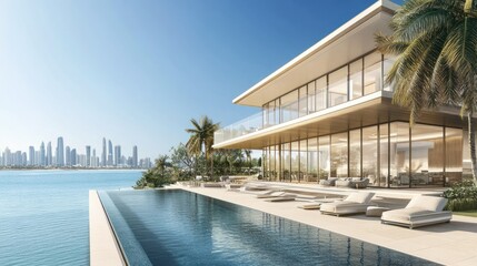 Fototapeta premium Luxurious beachfront villa with large rectangular swimming pool located just steps from the shoreline background wallpaper AI generated image