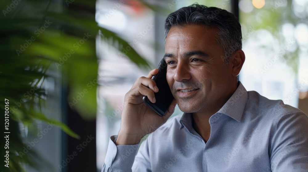 Poster Businessman Talking on Cell Phone in Restaurant