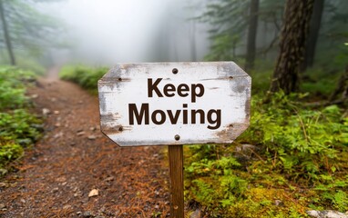 Obraz premium A weathered sign in a misty forest encourages hikers to 