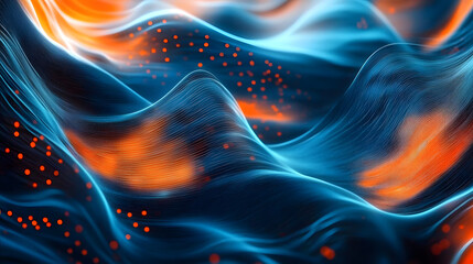 Fototapeta premium Creating an abstract futuristic background, flowing particles form a digital wave, blending shades of blue and orange in a dynamic display