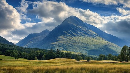 Fototapeta premium Majestic Scottish mountain peak under a summer sky, serene valley foreground, nature landscape photography for travel brochures