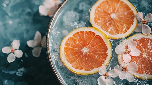 Citrus cocktail with orange slices and floral decorations