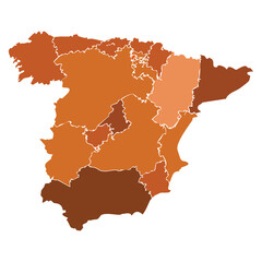 Illustrative map of Spain showing individual regions in a simplified color-coded and outlined style,