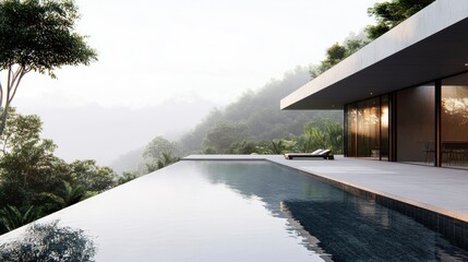 Stunning minimalist house located on a mountain slope with a swimming pool overlooking the lush tropical forest background wallpaper AI generated image