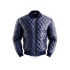 Men's Navy Blue Quilted Leather Bomber Jacket - Studio Shot