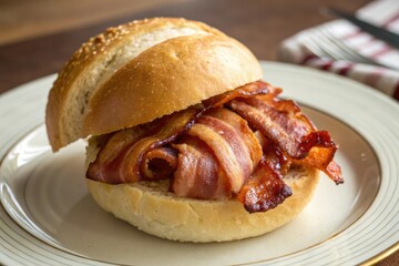 Bacon wrapped around a warm and toasty bread roll on a plate, warm, baked, food, toasty, crispy