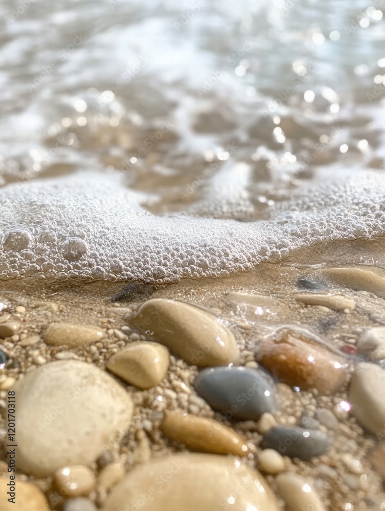 Fototapete close up view of smooth beach pebbles with gentle waves rolling in during a sunny day by the shore. 