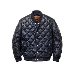 Men's Quilted Leather Bomber Jacket - Navy Blue