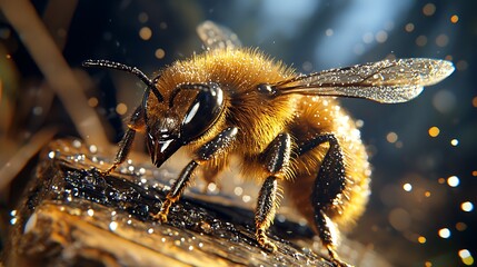 Naklejka premium Close-up of a bee collecting nectar on a wooden surface, with sparkling droplets in the background