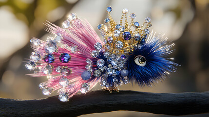Exquisite jeweled bird brooch, handcrafted with pink and blue feathers, sparkling crystals, and a golden crown.  Perfect for fashion, jewelry, or art blogs.