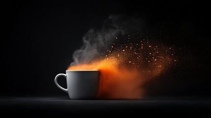 Steaming cup, orange powder explosion, dark background, food photography, advertising