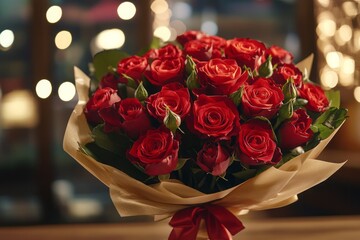 Obraz premium Elegant Red Rose Bouquet with Green Leaves and Soft Background