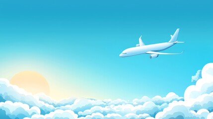 Airplane flying above the clouds with a clear blue sky