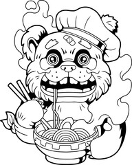 funny panda eating ramen noodles illustration design