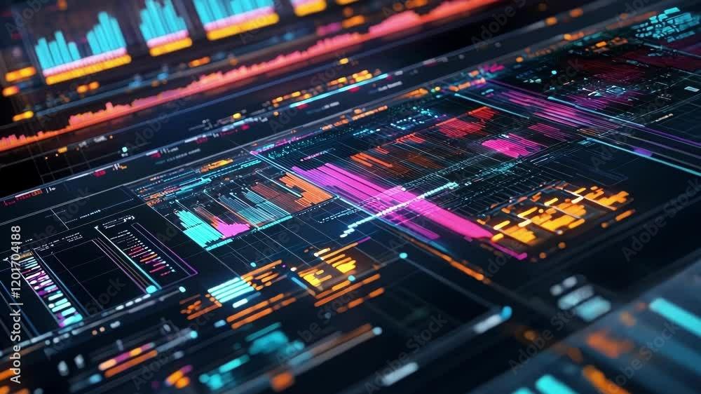 Poster digital information flows across a futuristic interface, displaying dynamic charts, graphs, and real