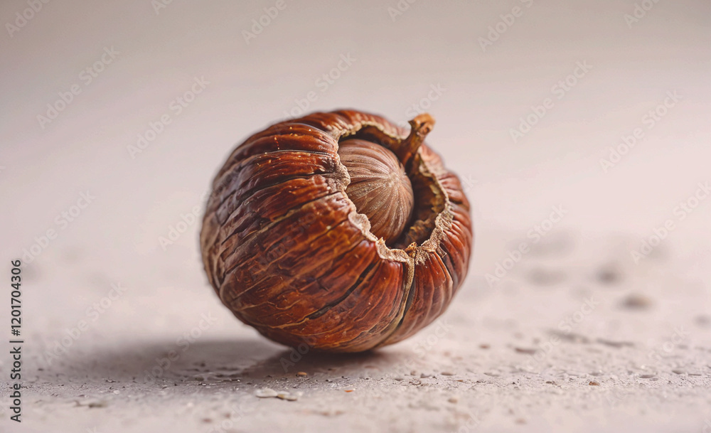 Poster A nut is sitting on a table. The nut is brown and has a hole in it. The nut is not whole and is not in a shell