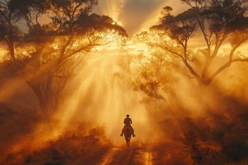 Obraz premium Sunset Rider Outback trail, golden light, dust clouds, serene landscape, travel/tourism