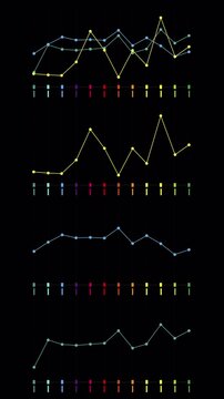 looping glowing linear graph with three colored lines and jumping points, deep glow, alpha background