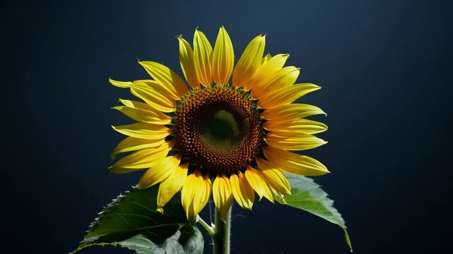 Fast motion video of a blooming sunflower in low-key lighting, isolated against a dark background, time-lapse, smooth clipping path