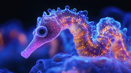 Luminous Sea Horse: A Glowing Underwater Marvel in Vibrant Blues and Oranges