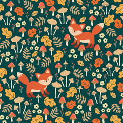 Obraz premium Seamless cute print with cute foxes, mushrooms berries and flowers