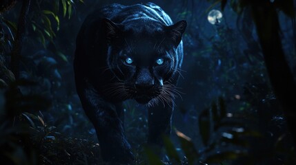 Majestic black panther prowling at night in lush jungle.
