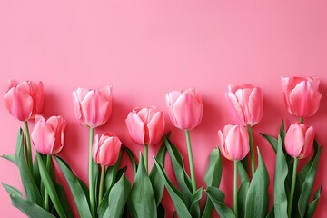 Fototapeta premium Bouquet of pink tulips flowers on pastel pink background. Elegant composition spring flowers. Happy Women's Day, Mother's Day, Valentine's Day, Easter, Birthday. Flat lay, top view, blank space