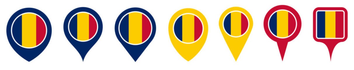 Fototapeta premium set vector Location pin romania flag icon. Country location symbol Map markers design template illustration