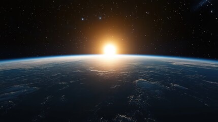 Obraz premium A view of the Earth from space, with the sun rising over it and stars in the background