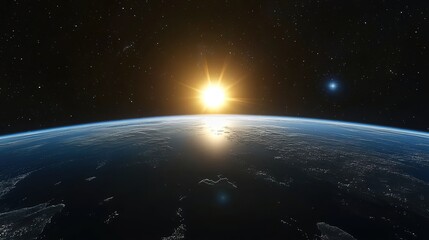 Obraz premium A view of the Earth from space, with the sun rising over it and stars in the background
