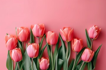 Fototapeta premium Bouquet of pink tulips flowers on pastel pink background. Elegant composition spring flowers. Happy Women's Day, Mother's Day, Valentine's Day, Easter, Birthday. Flat lay, top view, blank space