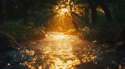 Naklejka premium Sunlit stream flowing through lush forest.