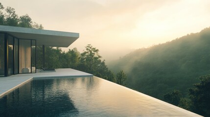 Fototapeta premium Stunning minimalist house located on a mountain slope with a swimming pool overlooking the lush tropical forest background wallpaper AI generated image