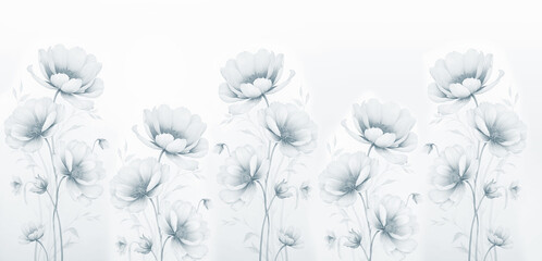 Beautiful anemone flowers. Three-dimensional painted flowers. Design for walls. Wallpaper for the interior. Background for the holiday. Painted flowers.