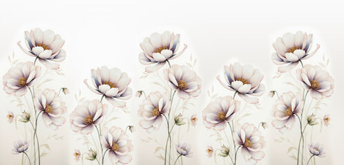 Beautiful anemone flowers. Three-dimensional painted flowers. Design for walls. Wallpaper for the interior. Background for the holiday. Painted flowers.