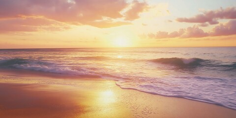 Fototapeta premium Photorealistic Ocean Sunset with Vibrant Sky Colors and Soft Reflections on Wet Sand at Ground-Level View