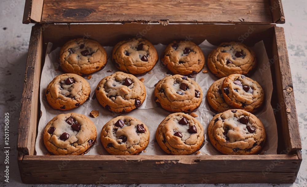 Poster a wooden box filled with chocolate chip cookies. the cookies are arranged in rows and are ready to b