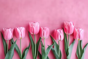 Fototapeta premium Bouquet of pink tulips flowers on pastel pink background. Elegant composition spring flowers. Happy Women's Day, Mother's Day, Valentine's Day, Easter, Birthday. Flat lay, top view, blank space