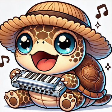 A tiny turtle with sparkling eyes charms with a shiny harmonica