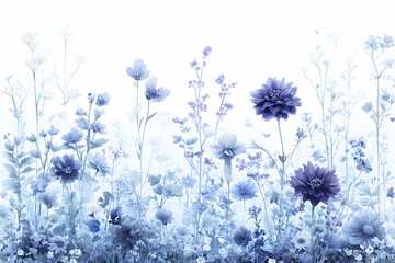 Serene blue floral meadow, delicate wildflowers, soft pastel shades, dreamy botanical art, elegant floral design, beautiful flower background.
