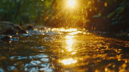 Fototapeta premium Golden sunset light on flowing stream.