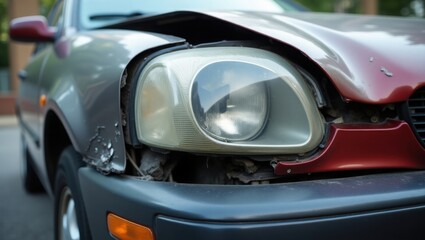 Fototapeta premium close-up of a car's front end, showing significant damage. The hood is dented and cracked, 