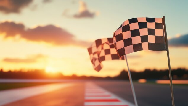Racing flags signal finish line race track sports event sunset wide angle competition