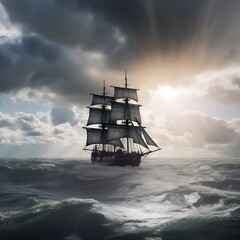 Fototapeta premium there is a large sailboat sailing in the ocean under a cloudy sky